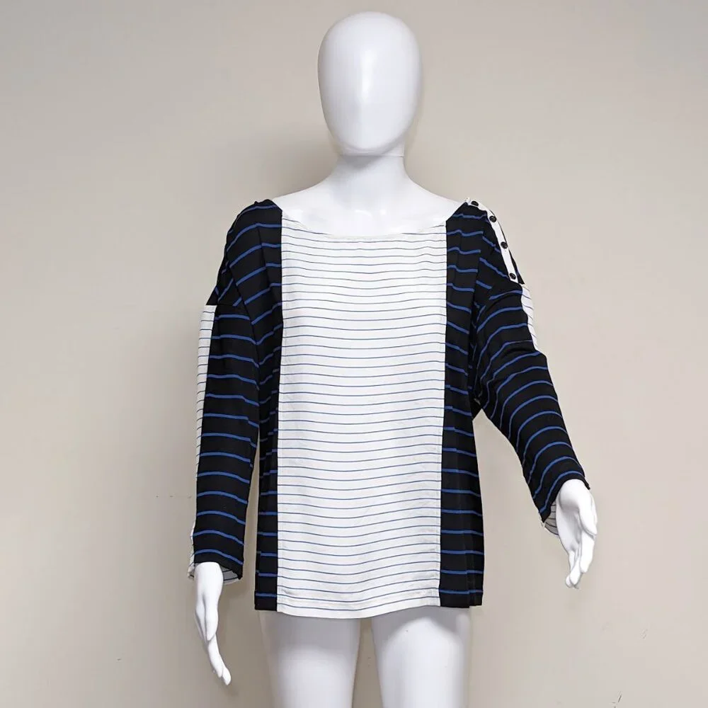 ST. JOHN Viscose/Spandex White & Navy Blue Striped Nautical Top - Picture 2 of 8